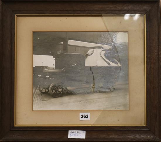 Early Road Transport: two sepia photographs of a flatbed truck and a stem traction engine, 24 x 29cm